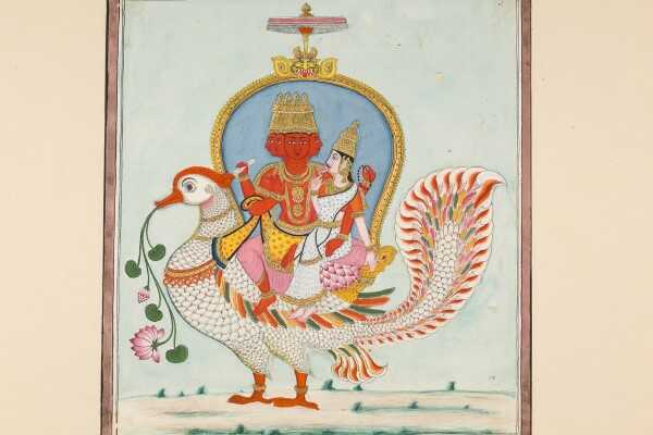 Brahma ve Tanrıça Sarasvati vahana (araç) haṃsa (kuğu) üzerine oturduklarını betimleyen resim. Kuğu'nun ağzında ise Hinduzm'de önemli bir yeri olan Lotus Çiçeği